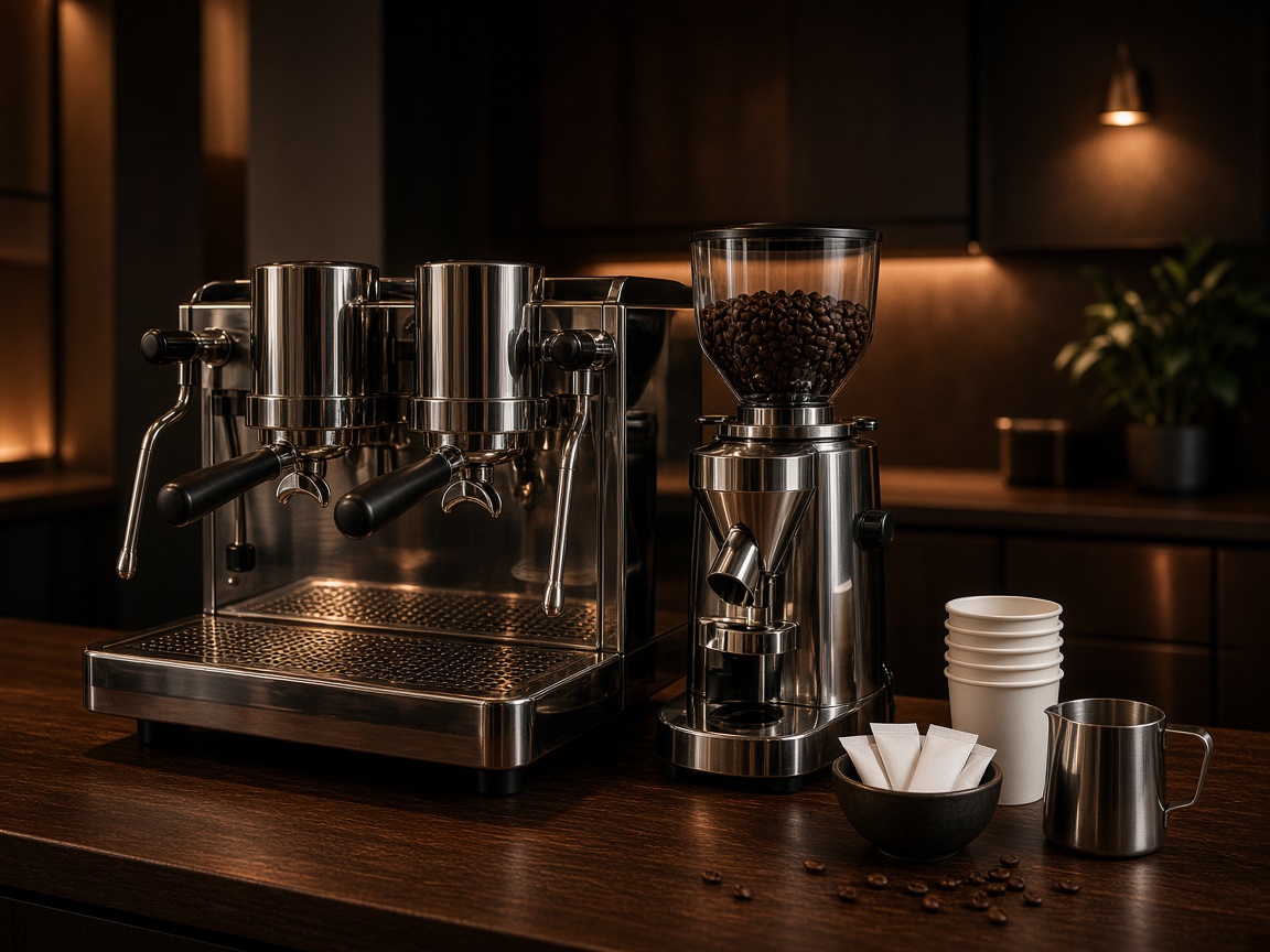 Máquina de espresso y molino en una barra de oficina